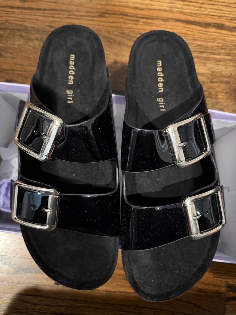 Madden Girl Patent Black Double-Buckle Slide Sandals